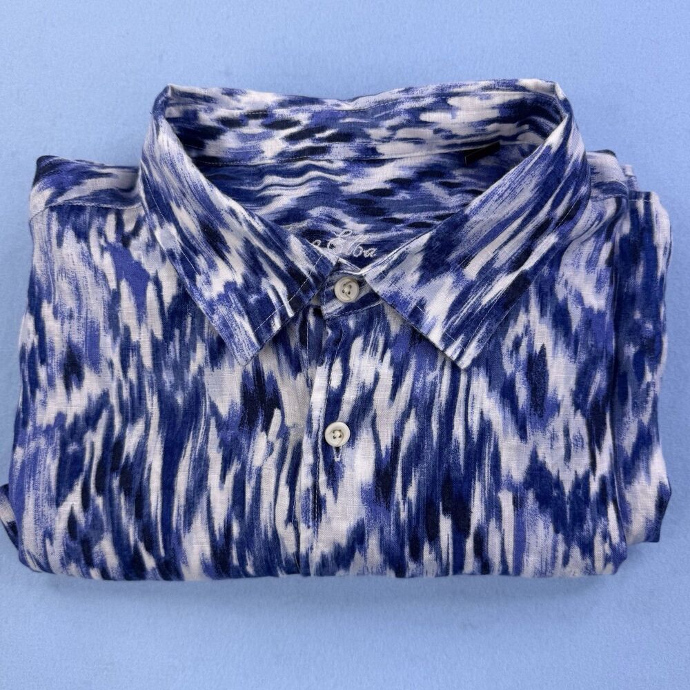 Tasso Elba Men's 100% Linen Short Sleeve Lightweight Abstract  Blue Size XXL
